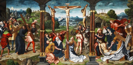 Pintor austríaco anônimo séc. XVI: Pintura de altar com cena do calvário