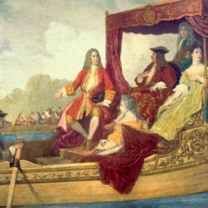 Händel e o rei Jorge I da Inglaterra navegando na barca real pelo rio Tâmisa, em Londres durante a execução da Música Aquática, em 1717. Pintura de Edouard Hamman (1819-1888).