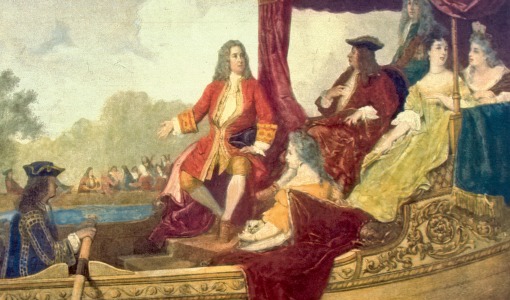 Händel e o rei Jorge I da Inglaterra navegando na barca real pelo rio Tâmisa, em Londres durante a execução da Música Aquática, em 1717. Pintura de Edouard Jean Conrad Hamman (1819-1888).