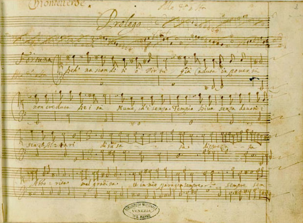 Primeira página do Prólogo do manuscrito de L’incoronazione di Poppea.